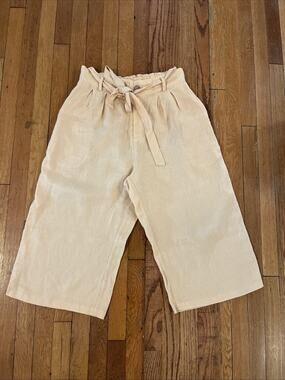 Grae‎ Cove L 100 % LINEN Wide Leg Crop Elastic Waist Pants Pockets Boho Yellow